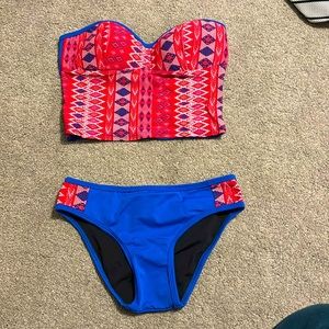 Strapless two piece bathing suit.